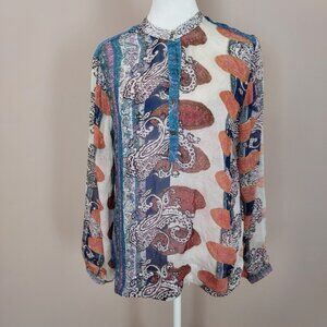 Tory Burch Mosiac Print Mandarin Collar Long Sleeve Silk Blouse Size Large